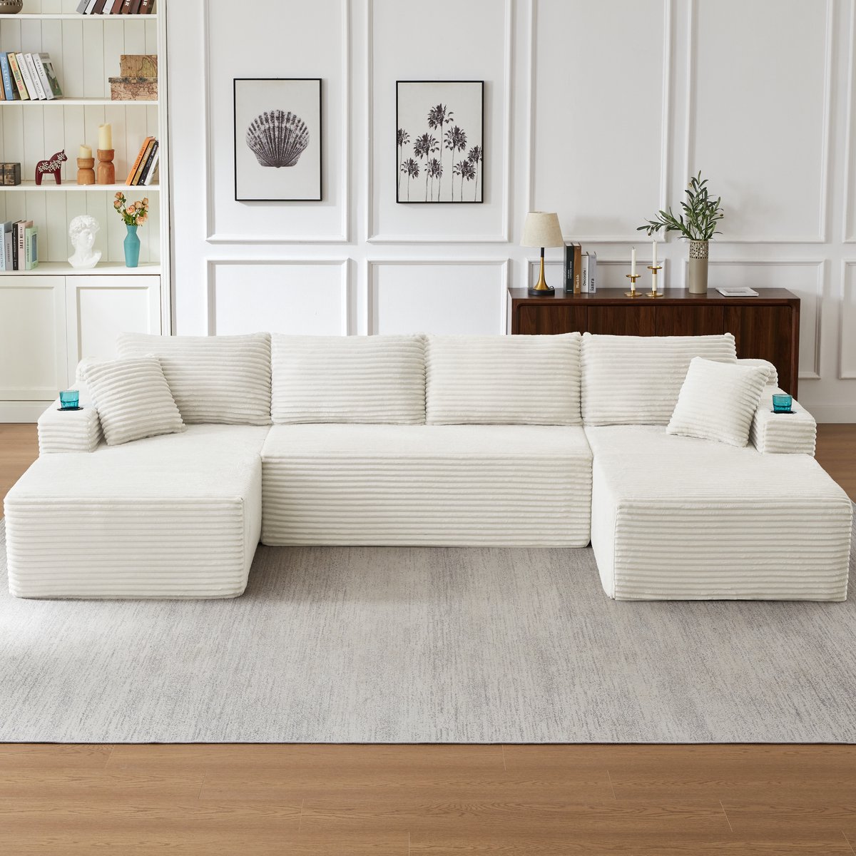 STILVORA U Bank 6 Zits - Modulaire Diepe Zit Zonder Montage - Vloerbank Voor Woonkamer - Zacht Cord Beige