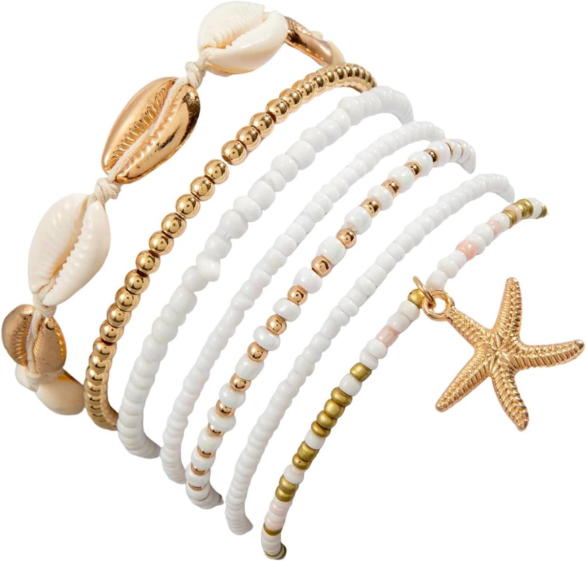 SnelShoppen - 7-delige Boho Shell Armbandenset voor Vrouwen - Multi-laags Parel Armbanden en Enkelbandjes voor Zomer, Strand en Feest - Modeaccessoire