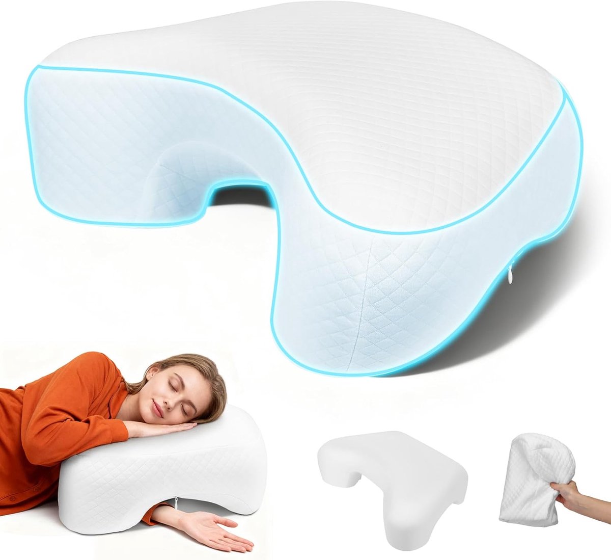 SnelShoppen - Ergonomisch Hoofdkussen voor Zijslapers met Armopening, Orthopedisch Geheugenfoam Kussen, Ideaal voor Rug-, Zij- en Buikslapers, 3 Armop