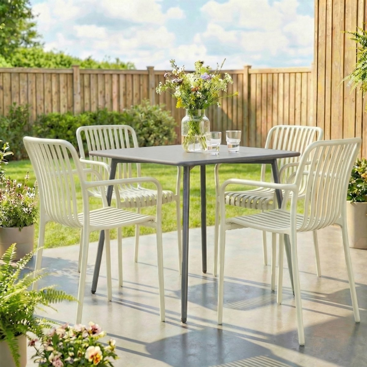 FloraGrace Tuinstoel – Set Van 4 Stapelbare Terrasstoelen Met Armleuningen – Ergonomisch Lamellendesign Voor Tuin, Balkon Of Terras – Kunststof – Crèmewit