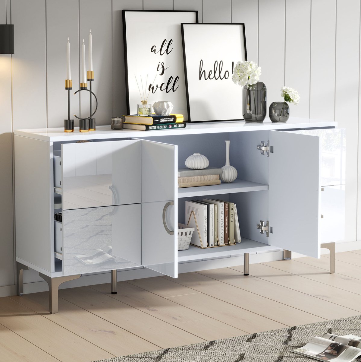 Wishdor - Dressoir - 4 greeploze lades en 2 deuren - modern Scandinavisch voor woonkamer of eetkamer - houtlook hoogglans wit - 150 x 38 x 59,5 cm