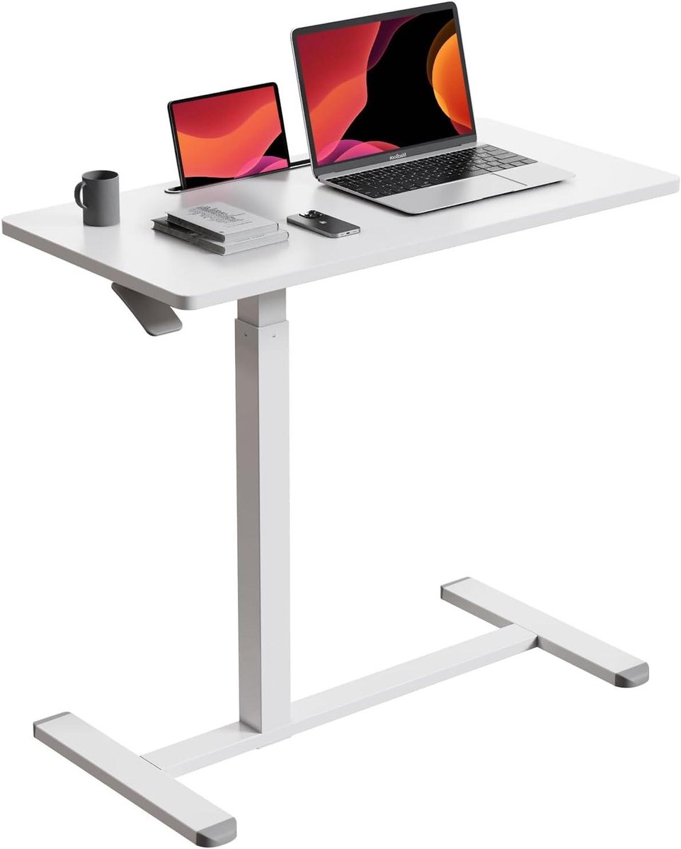 Mobiel bureau - Werktafel met wielen - Staand werken - Pneumatisch verstelbaar - 90 cm breed - Wit