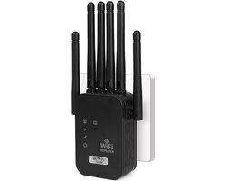 Thijox - Krachtige WiFi-repeater met 6 antennes, 1200 Mbps, WiFi-versterker met 2 LAN-poorten, dekking tot 250 m², ideaal voor thuis en kantoor (zwart