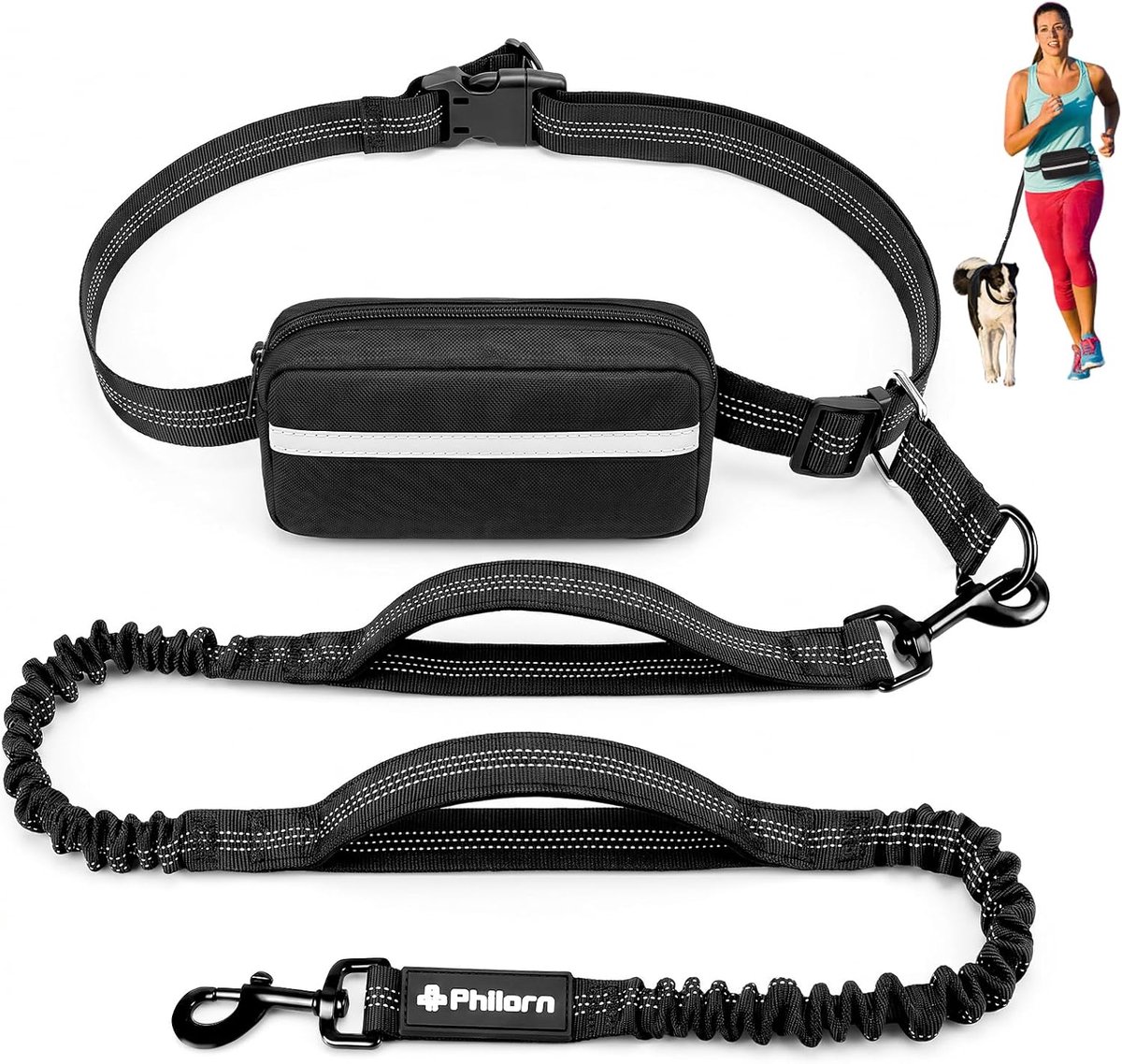 Thijox - Hondenriem Handsfree met Verstelbare Heupriem voor Middelgrote tot Grote Honden, Ideaal voor Hardlopen, Wandelen, Joggen, Dubbele Handgrepen,