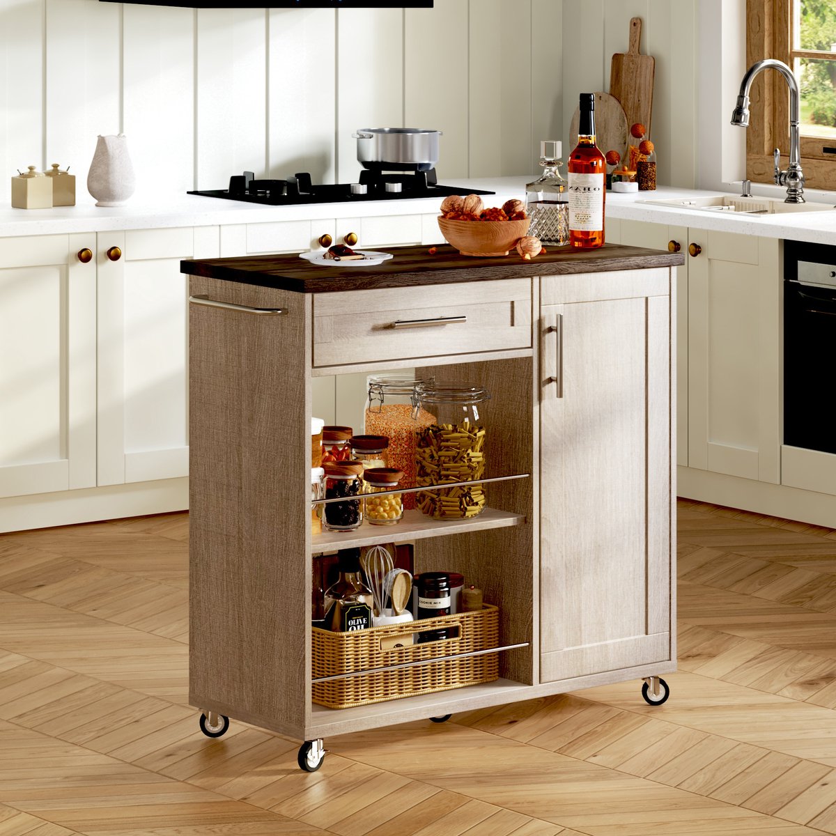 MEUNIQ keukenwagen 90 x 62 x 90 cm met lade, kast, open schappen, handdoekhouder en 4 zwen