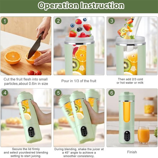 KZQ Draagbare Blender - Oplaadbare blender met digitaal display en grote capaciteit - USB-C-interface, automatische reiniging - Geschikt voor thuis, op reis en tijdens het sporten - 530 ml - Groen van kzq — afbeelding 4