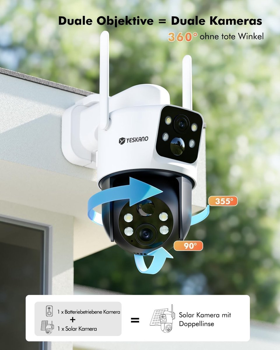 SnelShoppen - 2K Outdoor Beveiligingscamera Solar 360° PTZ met Dual Lens, Draadloos, 10000mAh Batterij, 6W Zonnepaneel, Dual PIR Beweging Sensor voor