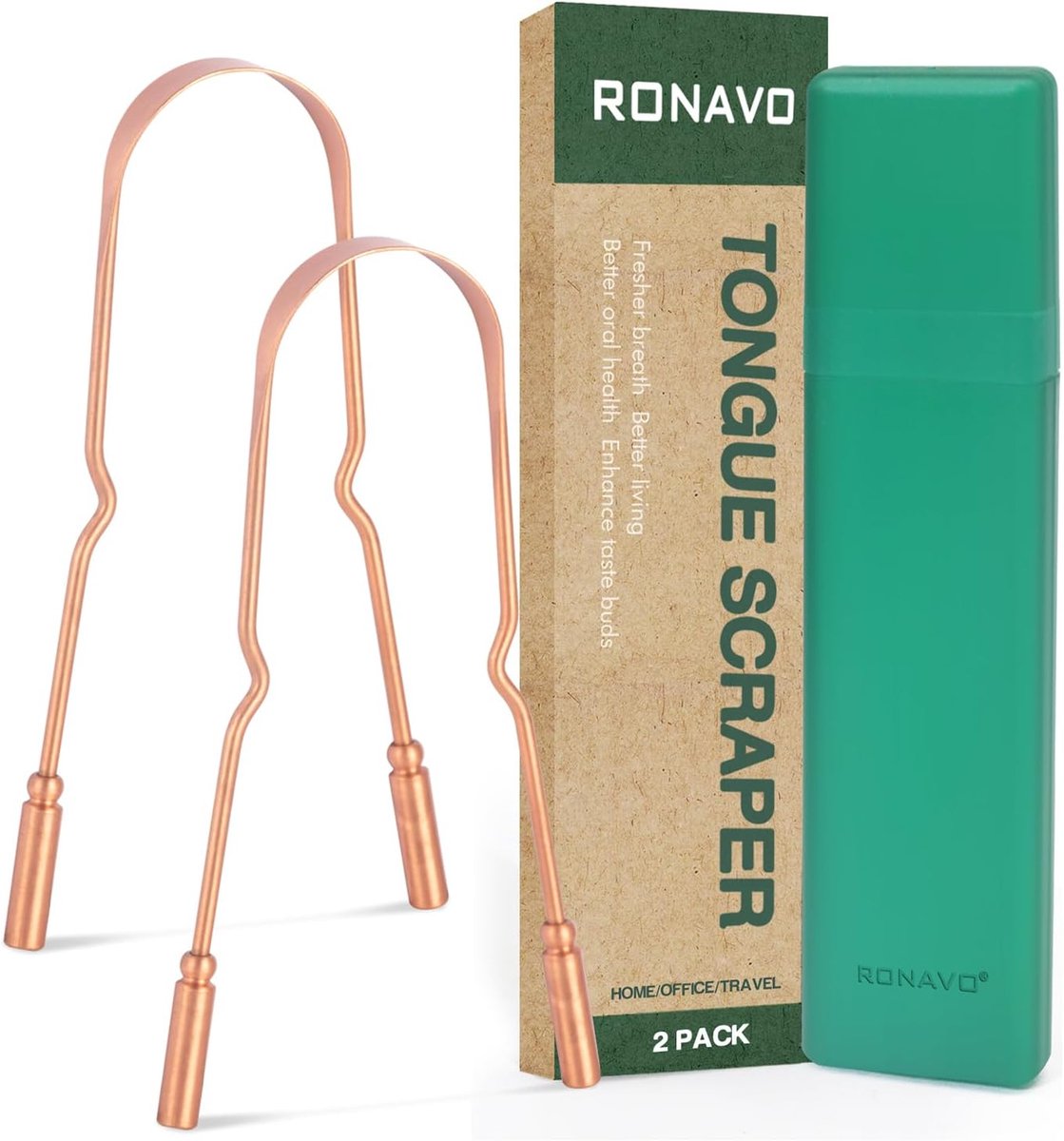 SnelShoppen - 100% Pure Koperen Tongschraper met Reisdoos - 2 Stuks, Natuurlijke Antimicrobiële Eigenschappen, Verban Slechte Adem en Ondersteun Mondh