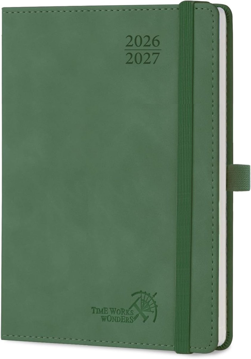 SnelShoppen - POPRUN Agenda 2026 2027 Weekly Planner - 17 Maanden - 22x16.5 cm - Soft PU Leer - Groene Kleur - Maand Tabs - 80 GSM Papier - Weekoverzi