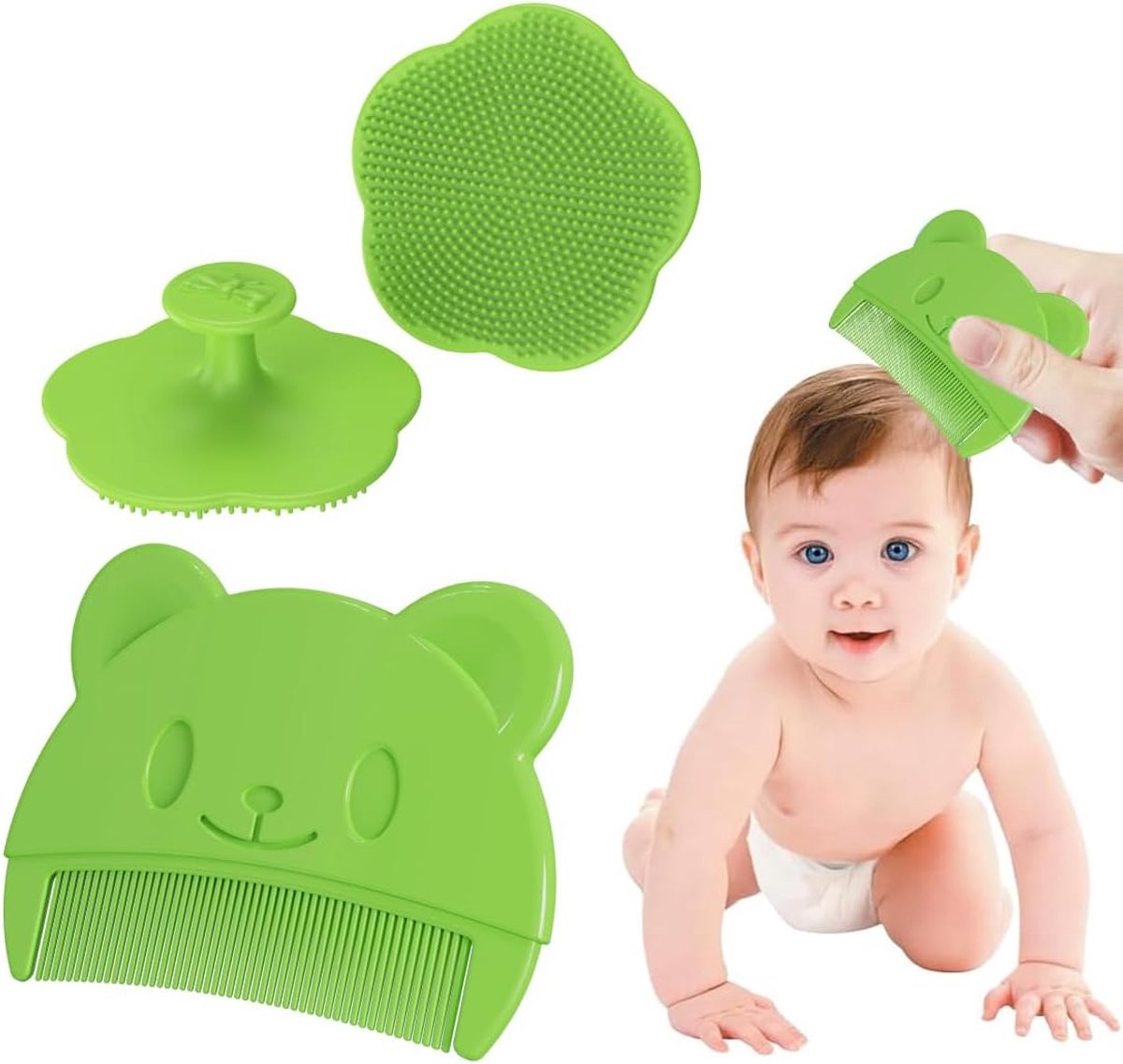 SnelShoppen - Milk Crust Borstel en Kam (Set van 2) - Siliconen Borstel voor Babybad, Zachte Sensory Haar Kam met Silicone Haren, Badgerei (Groen)