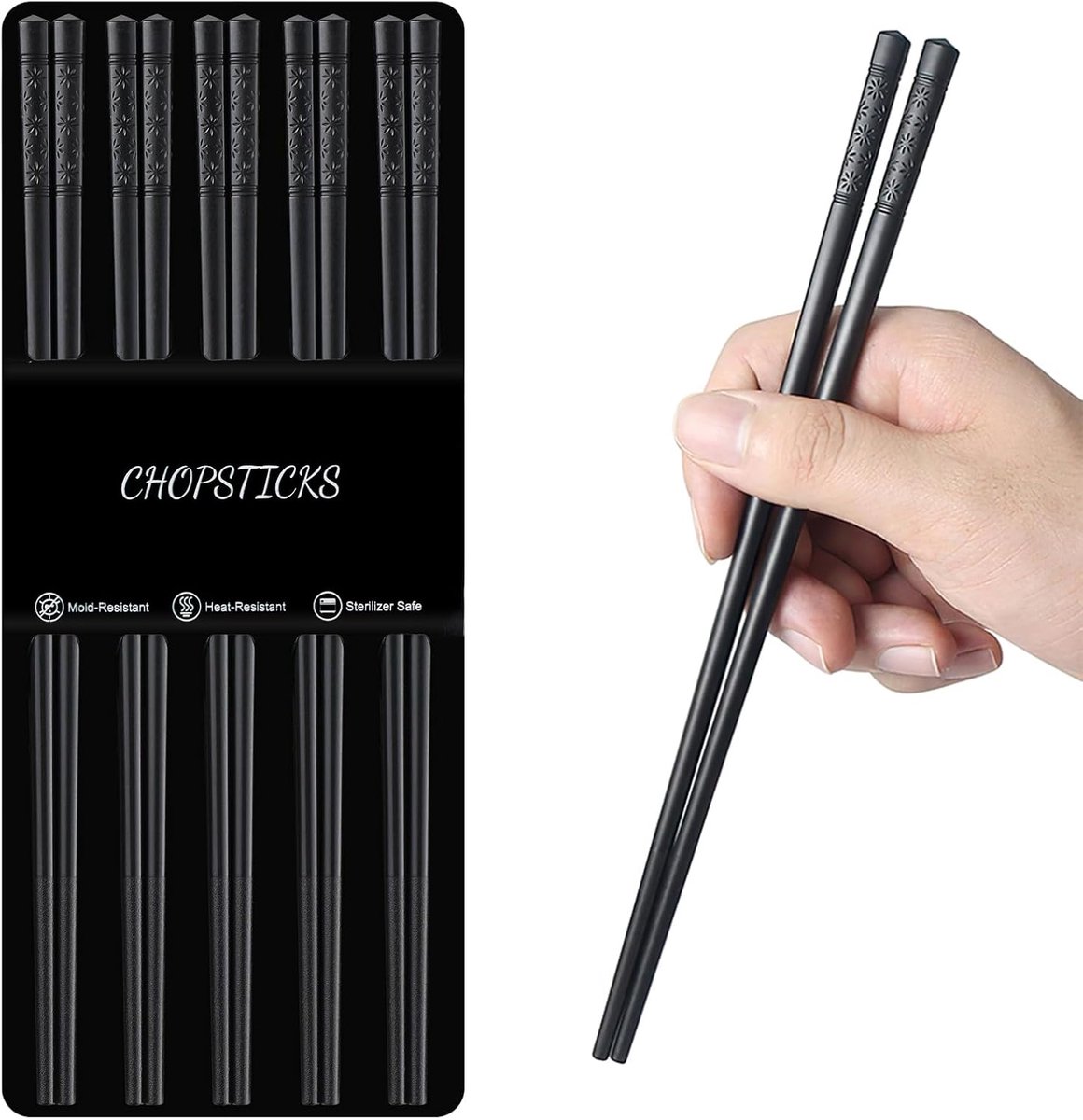 SnelShoppen - Set van 5 Pairs Fiberglass Chopsticks, Herbruikbare Zwarte Japanse Sushi Stokjes, Antislip, Vaatwasserbestendig, 24 cm, Perfect voor Thu
