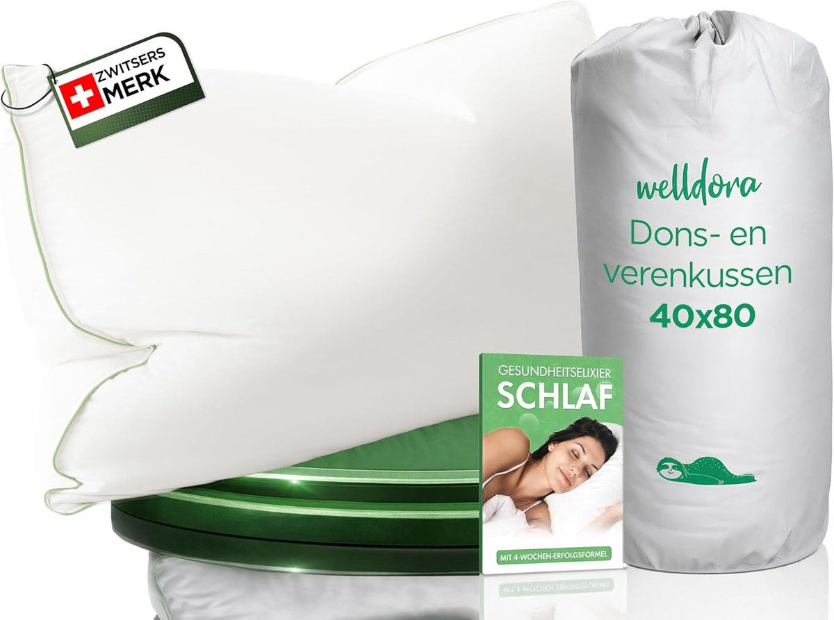 SnelShoppen - Premium Slaapkussen 40x80 cm | 100% Natuurlijke Dons & Veren | Ergonomisch Neksteun Kussen met 3 Vulkamers | Medisch Getest, Oeko-Tex Ce