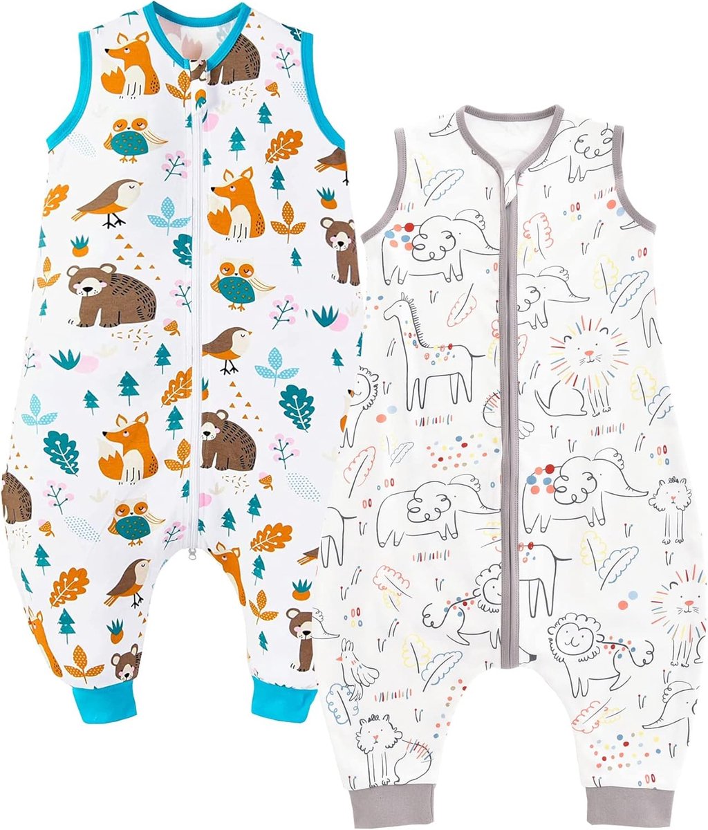 SnelShoppen - Baby Slaapzak Zomer met Voeten 0.5 Tog, 100% Katoen, 2-Pack, Lucky en Forest Dieren, 100 cm voor Kinderen, Ideaal voor Slapen Thuis en o