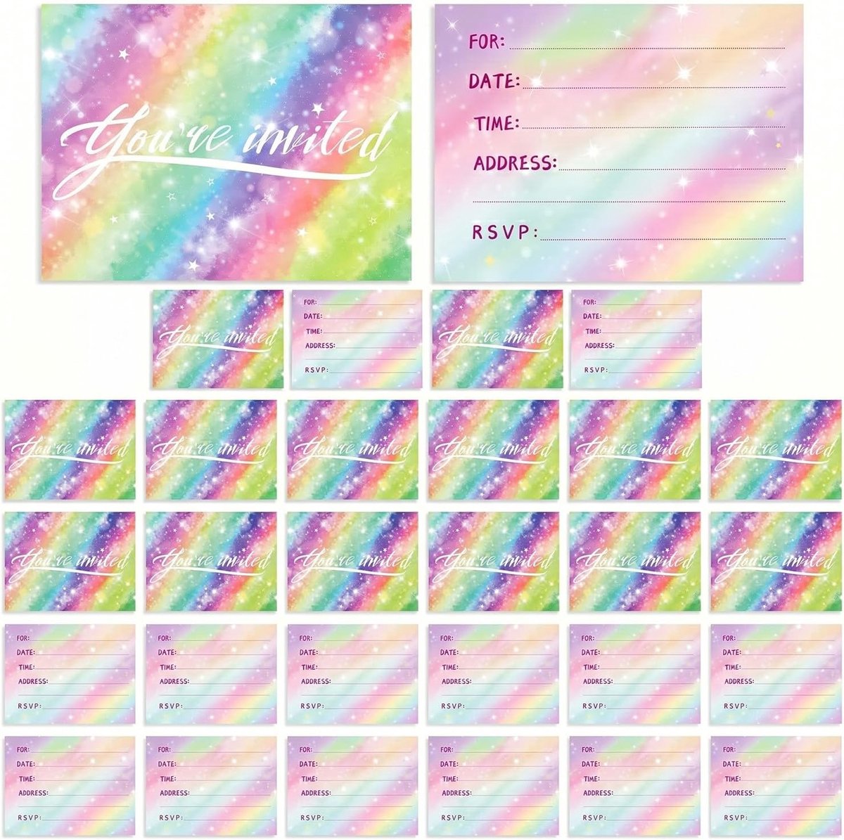 SnelShoppen - Uitnodigingskaarten Kinderverjaardag Meisjes - Regenboog Design - 30 Stuks - 15x10 cm - Kleurrijke Verjaardagsuitnodigingen voor Feest &