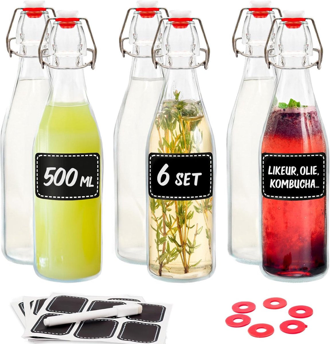 SnelShoppen - 6 Glazen Flessen 500 ml met Draaidop - Inclusief 6 Extra Sluitingen & 12 Labels met Pen - Perfect voor Keuken, Feest, Camping en Bewaren