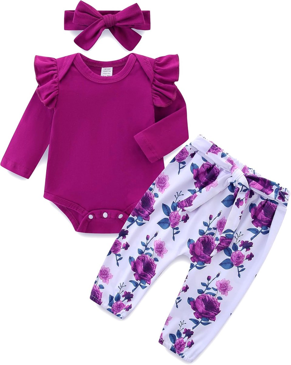 SnelShoppen - Baby Meisjes Kleding Set - Warm Lange Mouwen Romper met Bloemenbroek en Hoofdband - Newborn Baby Set 3-6 Maanden - Zachte Katoen en Poly