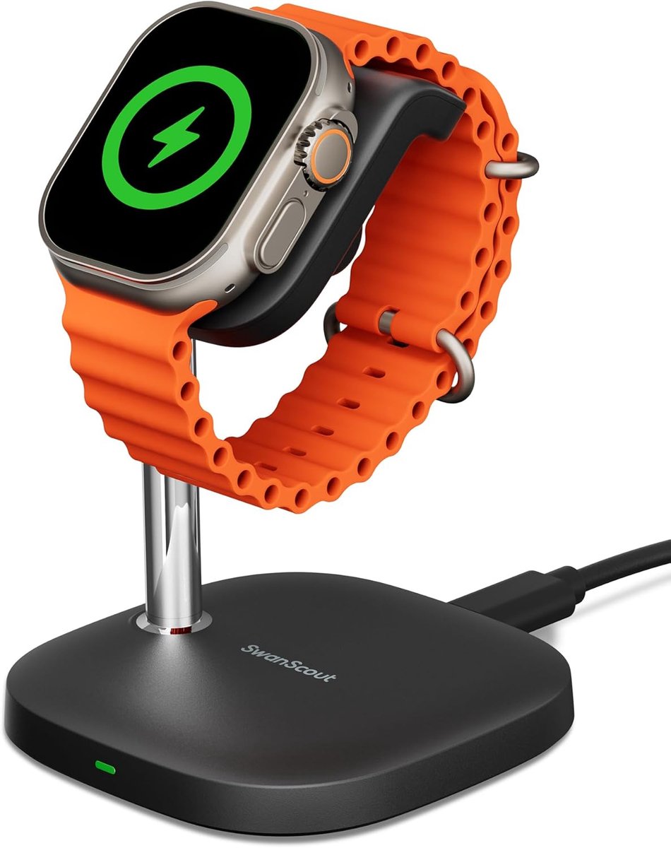 SnelShoppen - Quick Charger Stand voor Apple Watch 11/Ultra 3/SE 3, 5W Magnetische Draadloze Oplaadstandaard, Verstelbare Hoek, Zwart