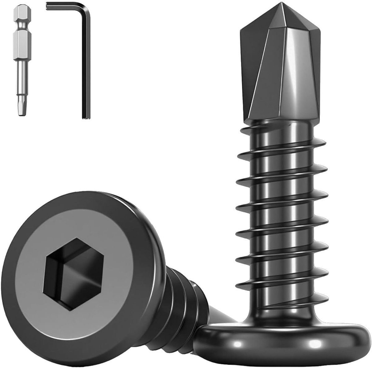 SnelShoppen - 40 Stuks Zelftappende Schroeven voor Metaal 5.5x38mm, RVS 410 Zwart Zeskant Flat Head met Schroevendraaier Bit en Hex Sleutel