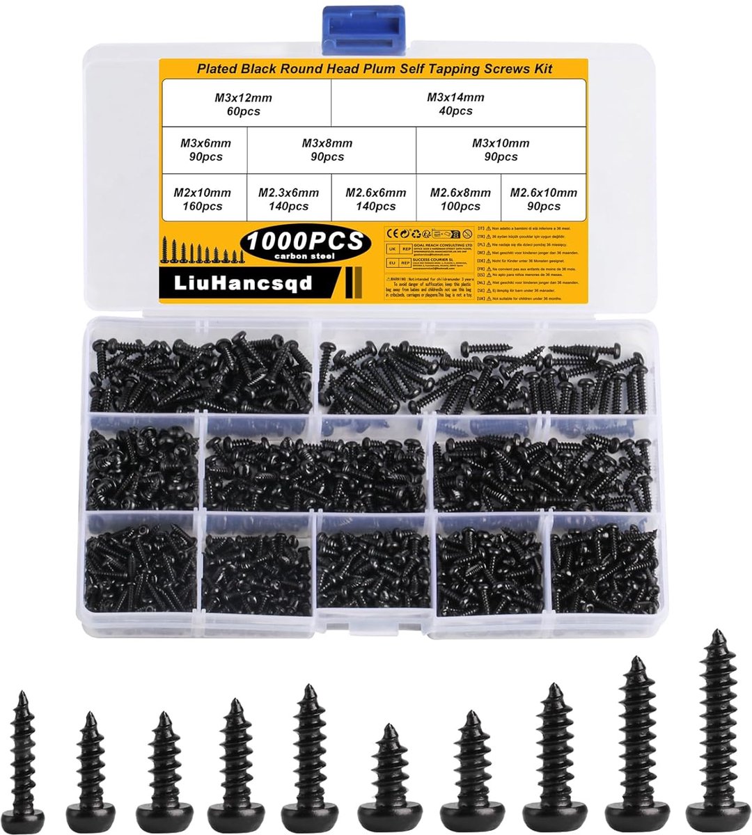SnelShoppen - Set van 1000 Zwart Zelftappende TORX Schroeven M2 M2.3 M2.6 M3 Platkop Metaalschroeven voor Hout en Plaatwerk, Schrob- en Boorschroeven
