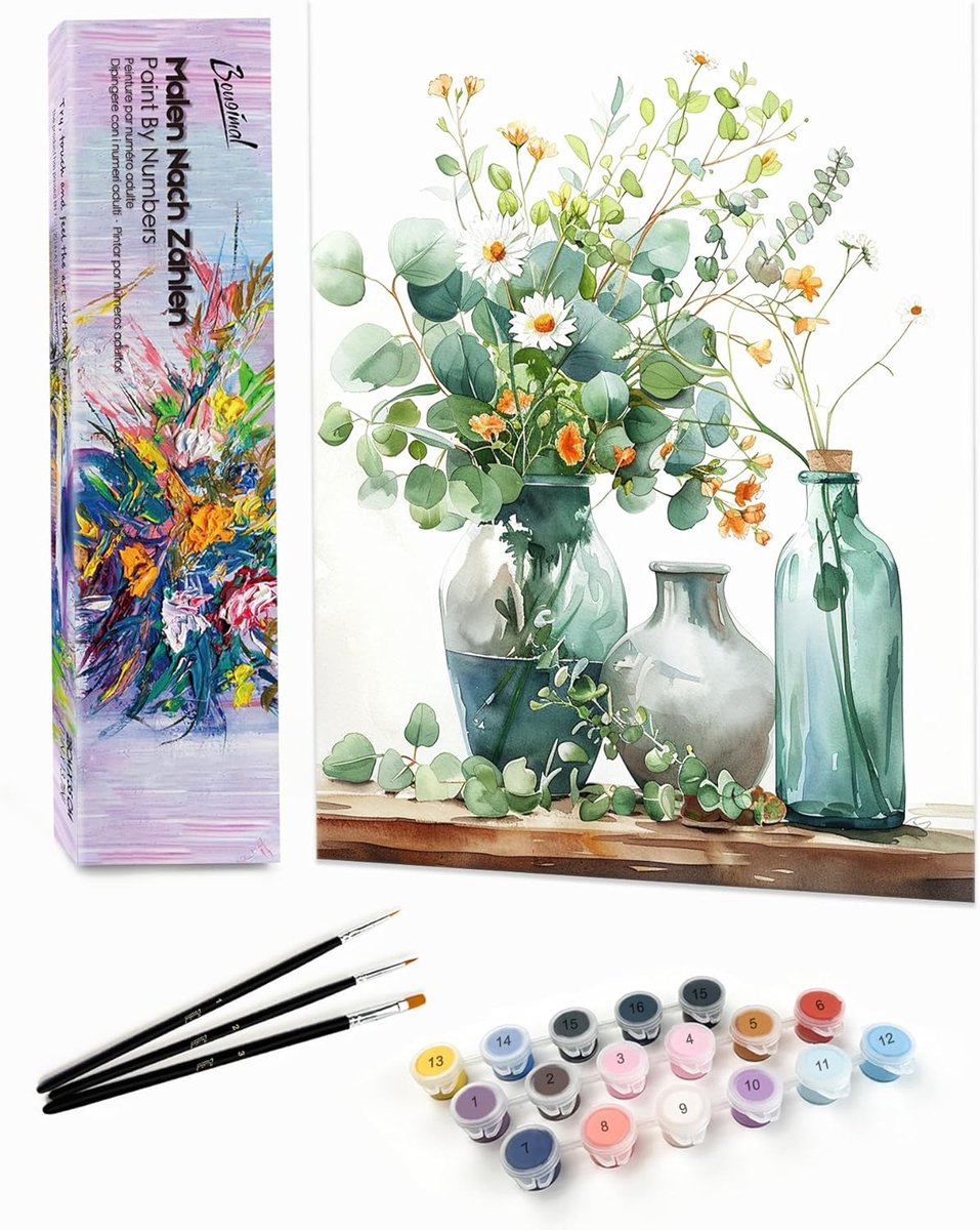 SnelShoppen - Bougimal Schilderen op Nummer voor Volwassenen, Landschappen met Penselen en Acrylverf, DIY Schilderijen, Interieurdecoratie, Bloemen 2,