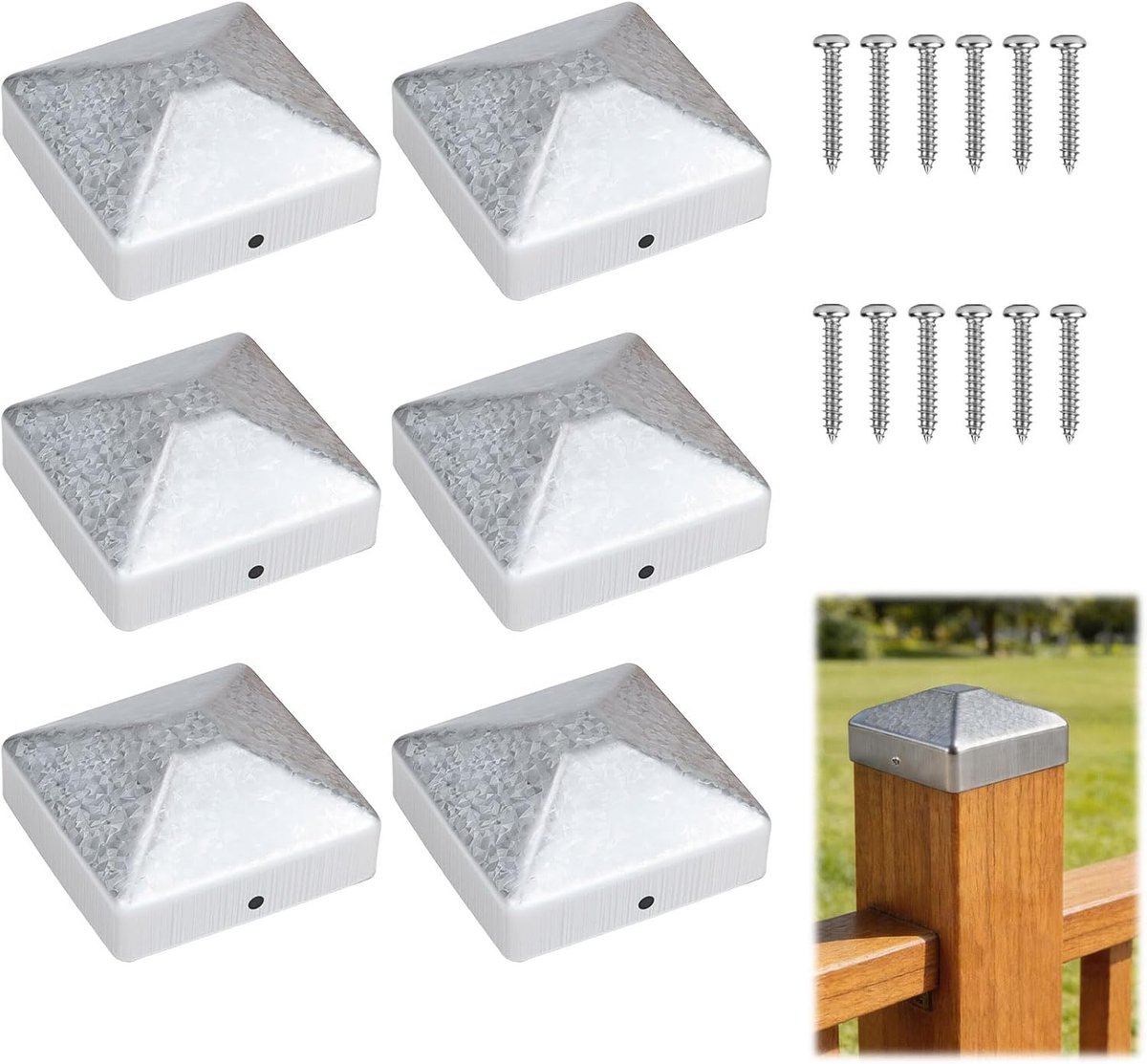 SnelShoppen - 6 stk Paalafdekking 10x10cm, Schuttingpaal Doppen, Vierkante Metalen Paalkap voor Houten Palen, Inclusief 12 Schroeven - Duurzaam en Wee