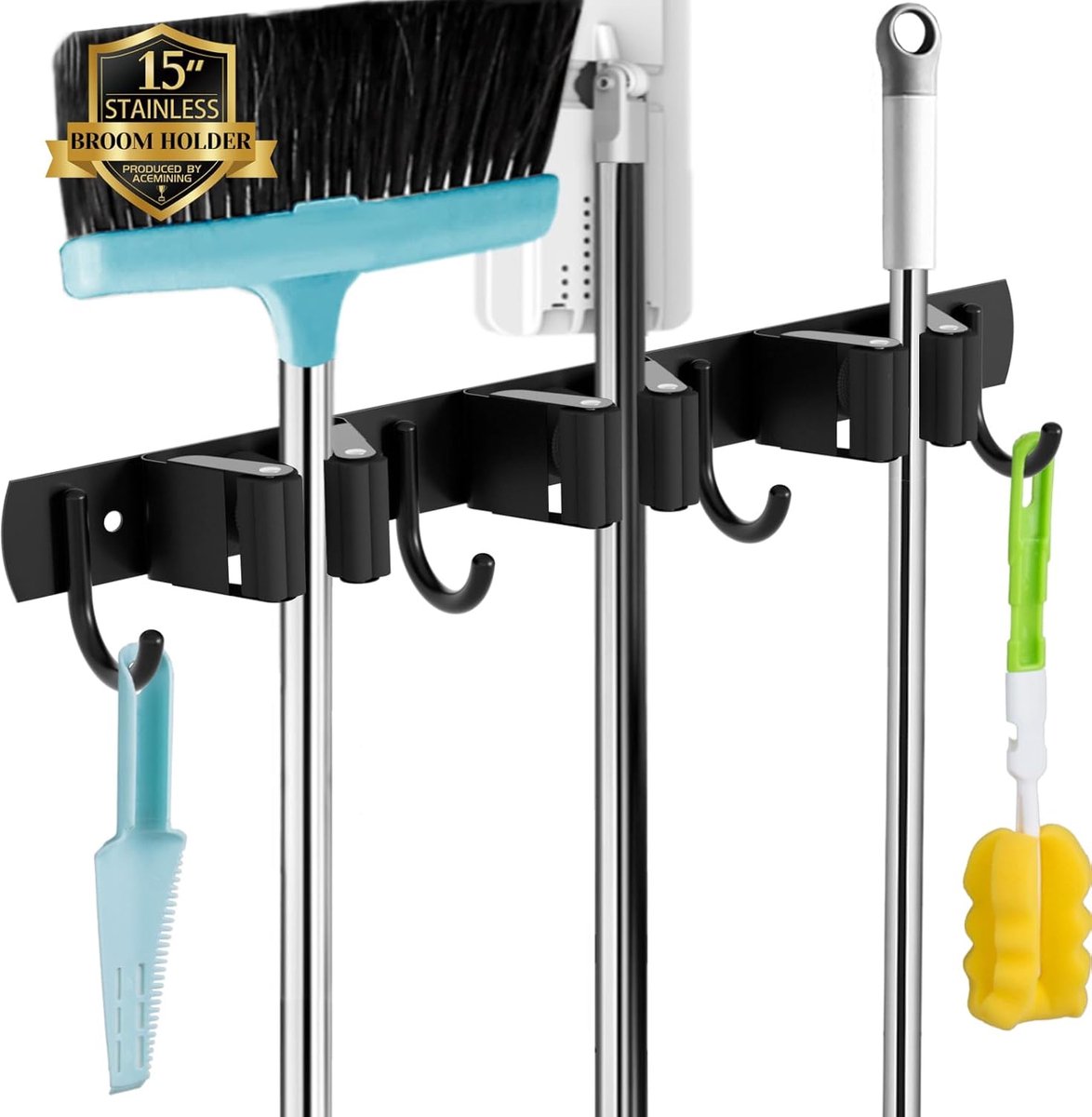 SnelShoppen - Broom Holder Wandbevestiging, 3 Houders en 4 Haken, Zwart, Stevige Gereedschap Houder, Zelfklevend en Met Schroeven, Tuin en Keuken Orga