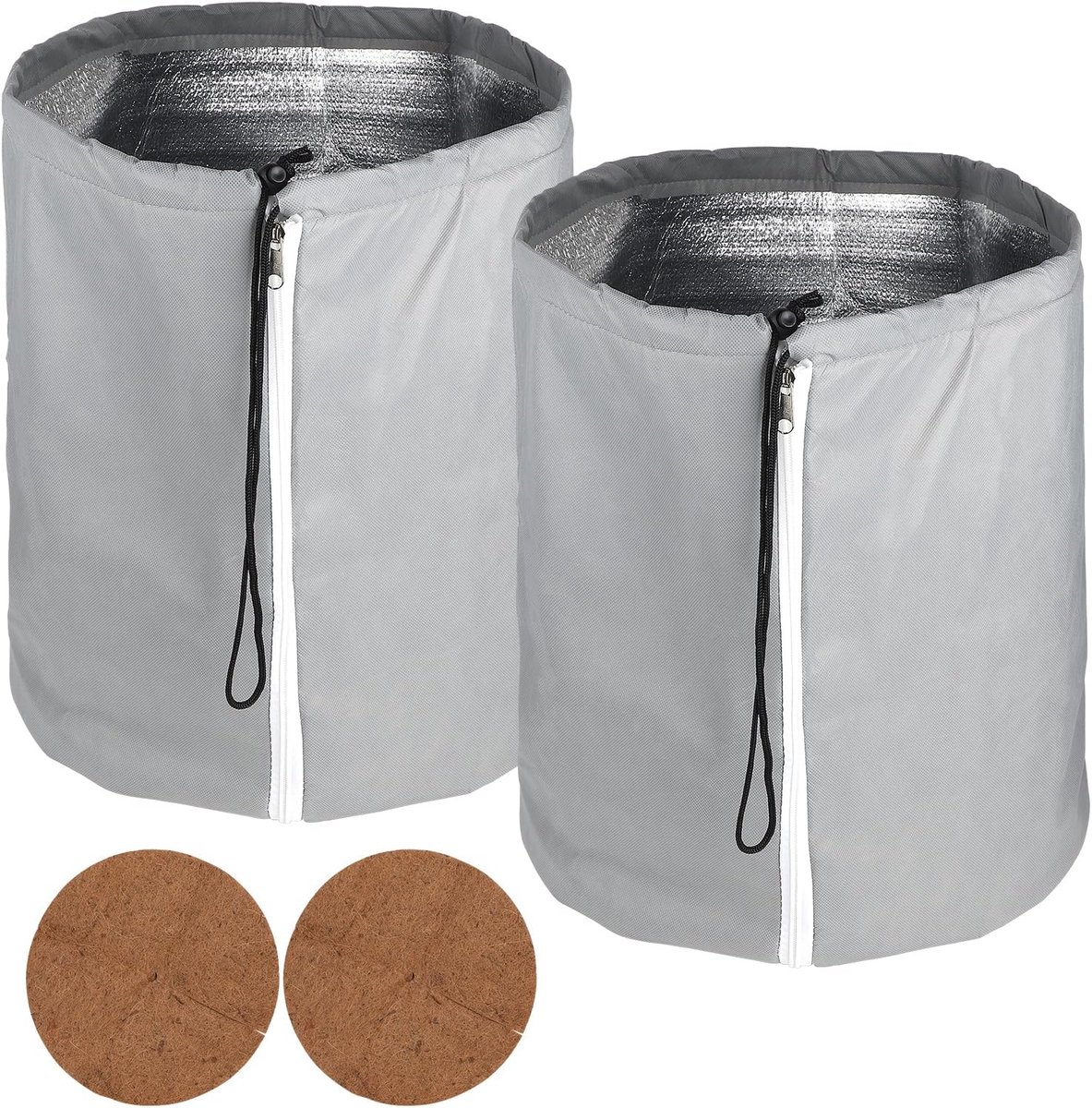 SnelShoppen - Potbescherming Zak 70 x 65 cm met Rits en Koord, Herbruikbaar, Koffiefibre Vulling, Set van 2, Grijs, Voor Tuinplanten Bescherming tegen