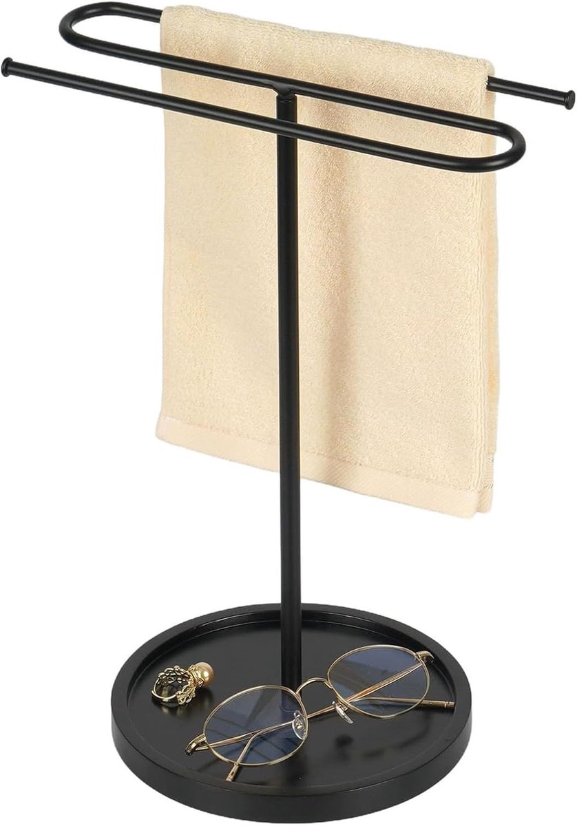 SnelShoppen - Vrijstaande Handdoekhouder Z-vorm Metalen Standaard Ronde Voet - Modern Minimalistisch Zwart - Eenvoudig te Monteren voor Badkamer Keuke
