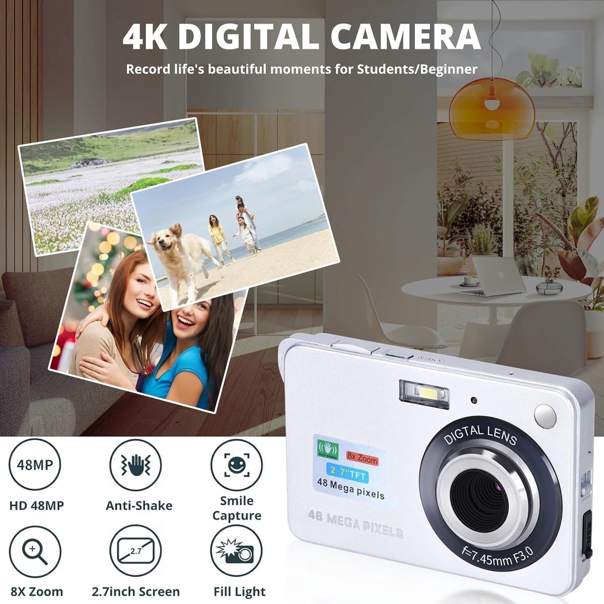 SnelShoppen - Digitale Camera voor Tieners, 4K 48 MP Ultra HD Point and Shoot Camera met 8x Digitale Zoom, Oplaadbare Compacte Vlogging Camera in Blau thumbnail 2