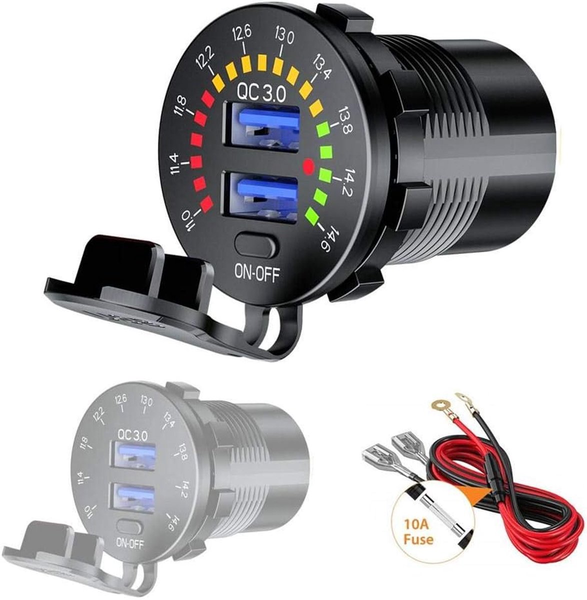 SnelShoppen - Snel Lade USB Autoloader 36W QC3.0 Dubbele Oplaadpoort met LED Voltmeter en On/Off Schakelaar voor Auto, Energiezuinig en Veilig