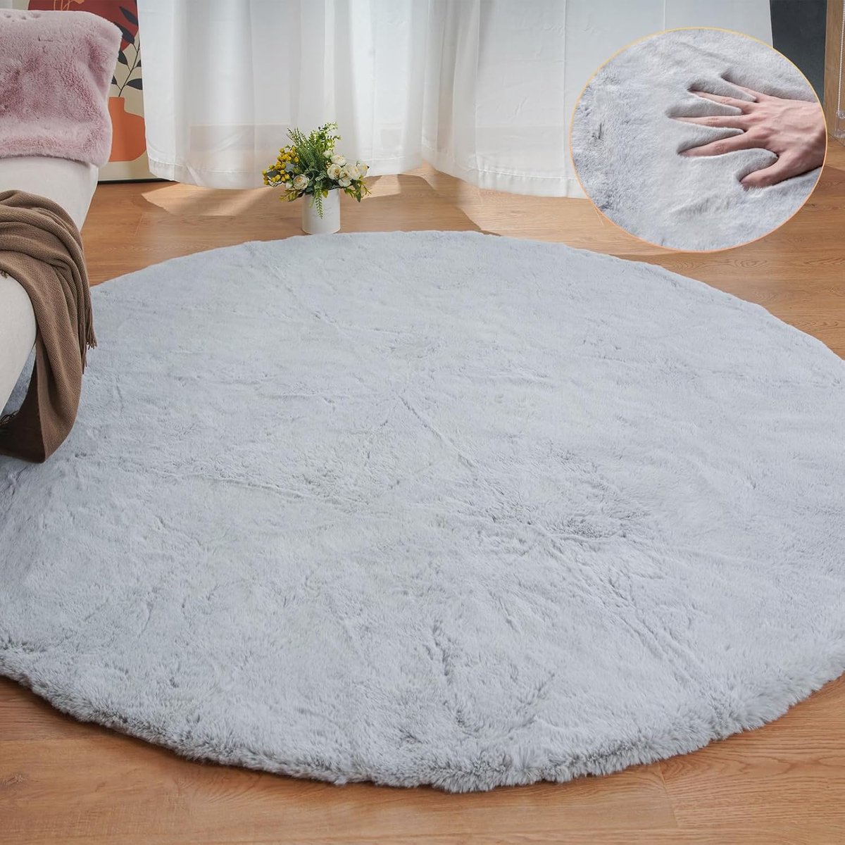 SnelShoppen - Rond Tapijt 240 cm Grijs - Groot Pluizig Vloerkleed van Kunstkonijnenbont voor Woonkamer - Zacht en Comfortabel