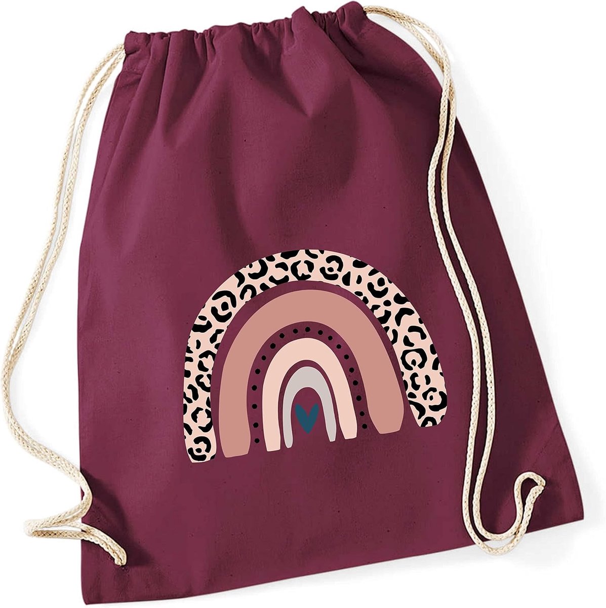 SnelShoppen - Gymtas voor Kinderen, Katoen, Regenboog, Rosé, Leo-Print, Meisjes, Rugzak met Koord, Bordeaux, Perfect voor Sport, School, Uitjes en Ove