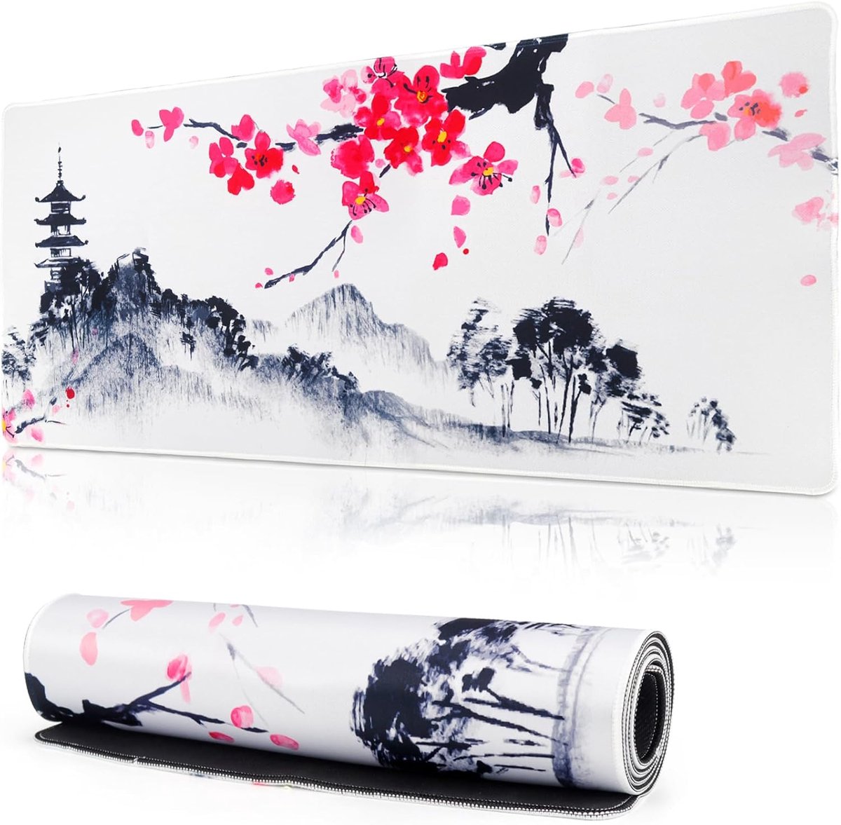 SnelShoppen - Gaming Muismat XXL 900 x 400 mm Bureauonderlegger - Grote Witte Japan Sakura Muismat Antislip voor PC, Laptop, Bureau, Kantoor, Gaming e