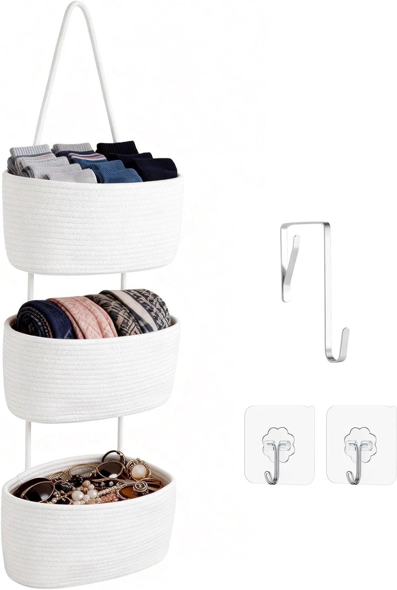 Thijox - Hangende Organizer 3-laags Wandhangtas met Haken van Katoenen Touw voor Woonkamer, Slaapkamer, Badkamer, Kinderkamer - Wit
