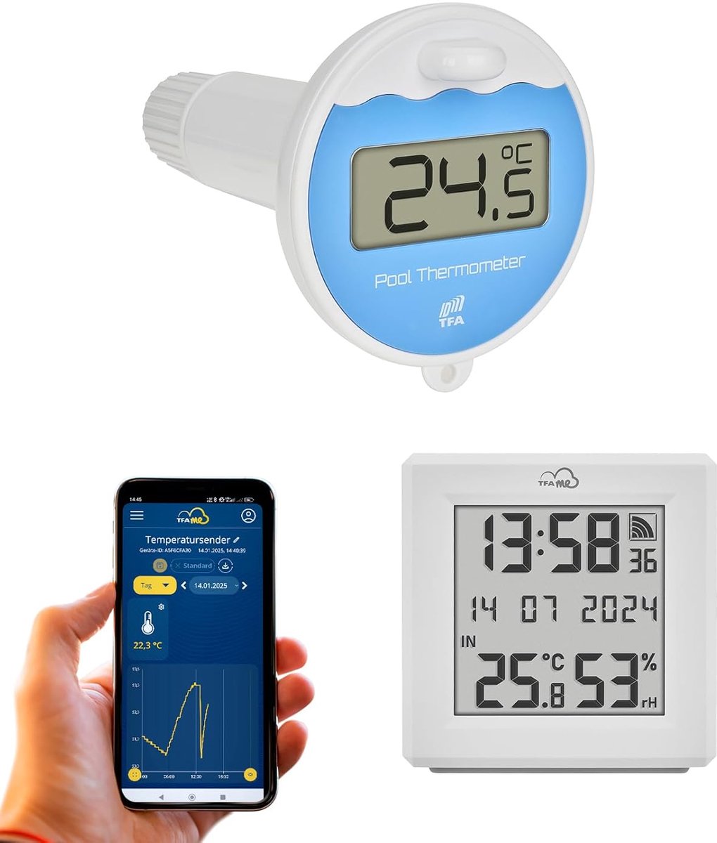 SnelShoppen - Digitale Zwembadthermometer Set met Wifi Gateway voor Online Watertemperatuur Bewaking in Zwembaden, Vijvers en IJsbaden - Wit, 35.8110