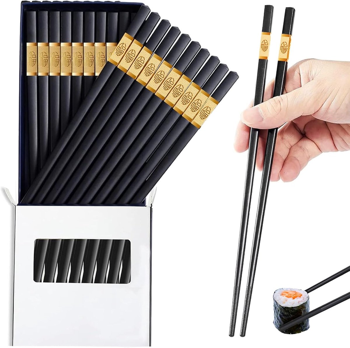 SnelShoppen - 10 Pairs Herbruikbare Fiberglass Essstäbchen 24cm - Anti-slip Sushi Sticks Set - Vaatwasserbestendig - Ideaal voor Thuis, Feest en Keuke