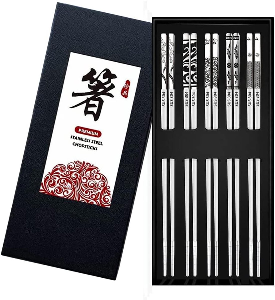 SnelShoppen - Herbruikbare Roestvrijstalen Eetstokjes 5 Paar, Elegante Gift Box, Duurzaam en Vaatwasmachine Bestendig, Perfect voor Chinese en Japanse
