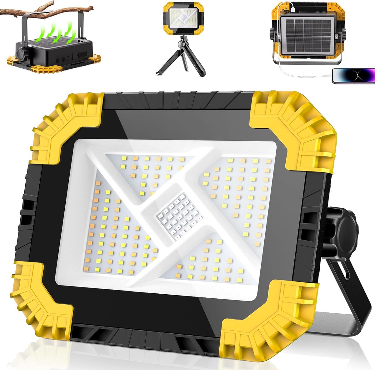 SnelShoppen - CLV LED Bouwlamp 200W Draagbaar, 20.000 mAh Oplaadbare Powerbank, IP66 Waterdicht, 4 Lichtstanden, Campinglamp, USB & Zonne-energie Voor