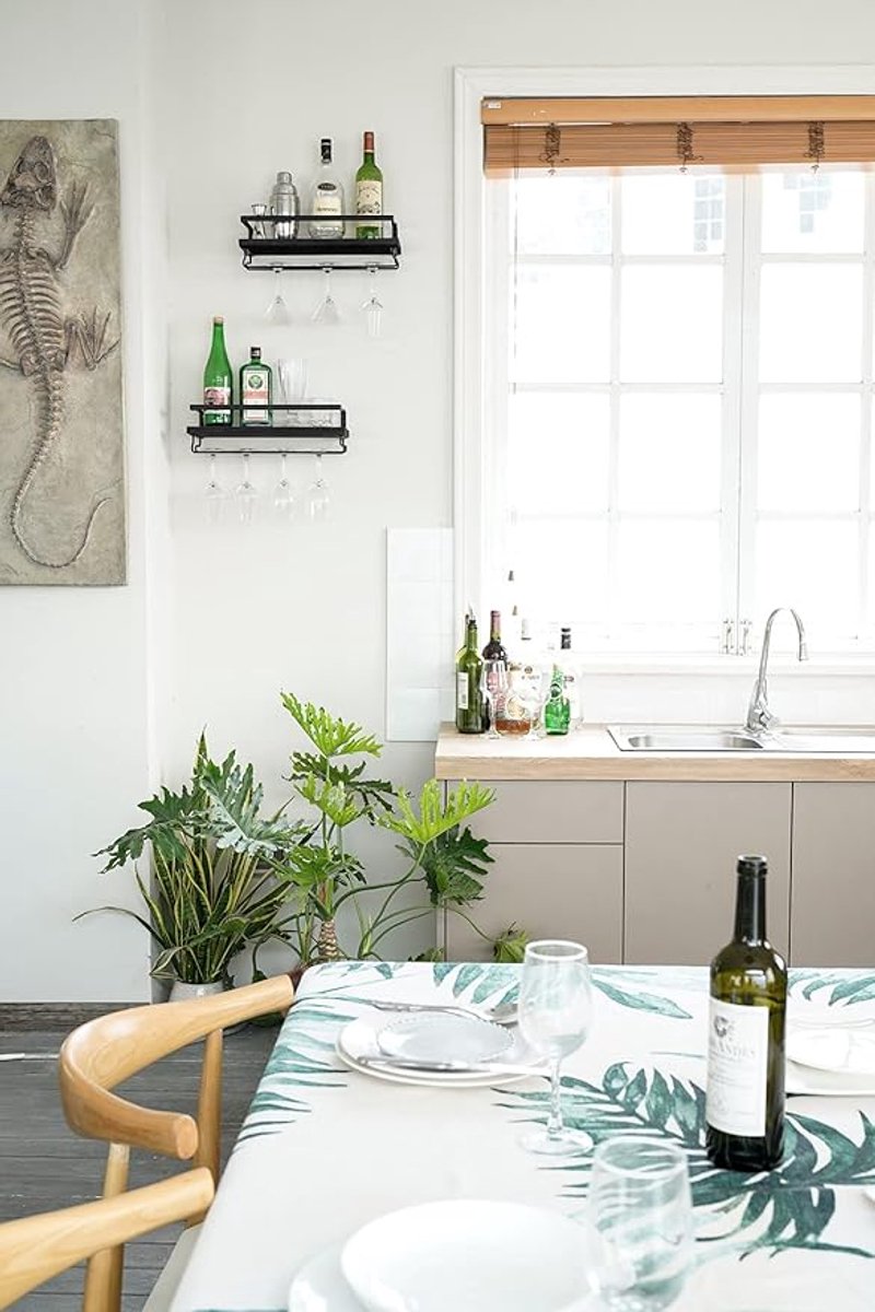Wand Wijnrek Set Van 2 - Rustieke Houten Zwevende Planken Met Wijnglashouder - Wandmontage Flessenrek En Glaswerk Hanger - Zwarte Wijnopslag Voor Keuken, Eetkamer En Thuisbar - 43 × 15 × 1,8