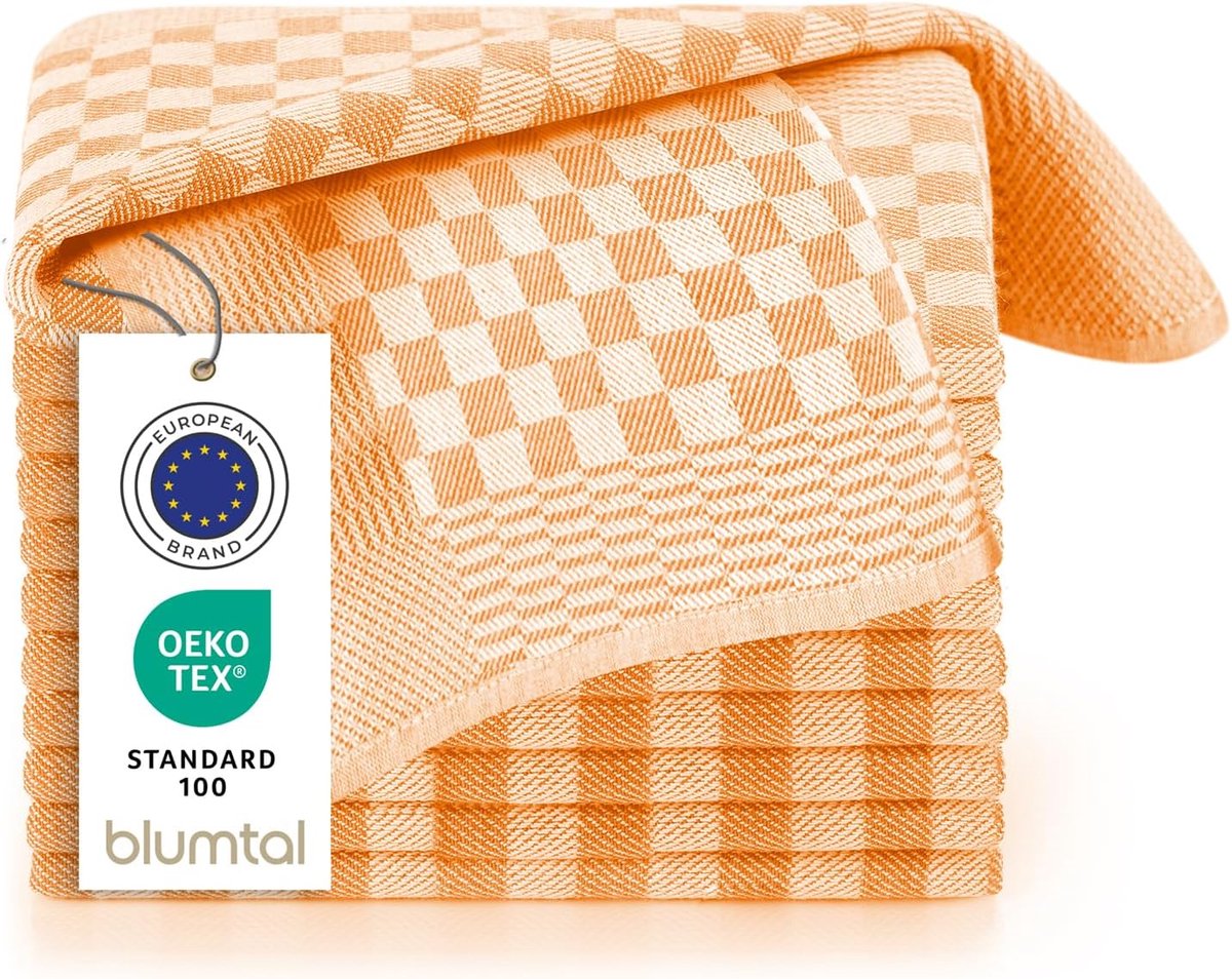 SnelShoppen - Set van 10 Theedoeken 100% Katoen 50 x 70 cm Oranje Geruit - Sneldrogend Pluisvrij Lichtgewicht Handdoeken voor Keuken en Huishouding