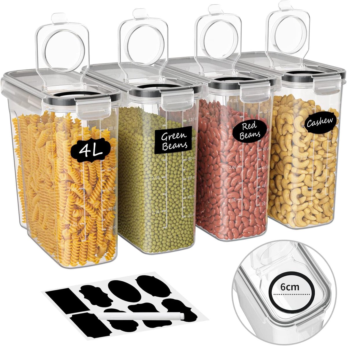 SnelShoppen - 4L Luchtdichte Opbergdozen Set van 4 voor Keuken - Plastic Deksel, Ideaal voor Granen, Bloem, Pasta, Rijst, Hondenvoer, Met Labels en Pe