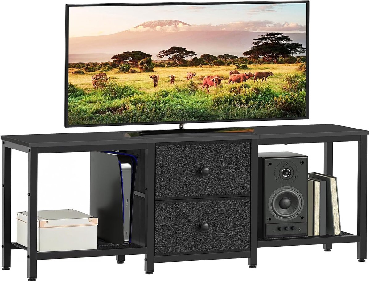 SnelShoppen - TV Meubel voor TV's tot 55 Inch, TV Console, Laag Bureau met Open Compartmenten, 2 Laden, 120 x 30 x 50 cm, Zwart, Ideaal voor Woonkamer