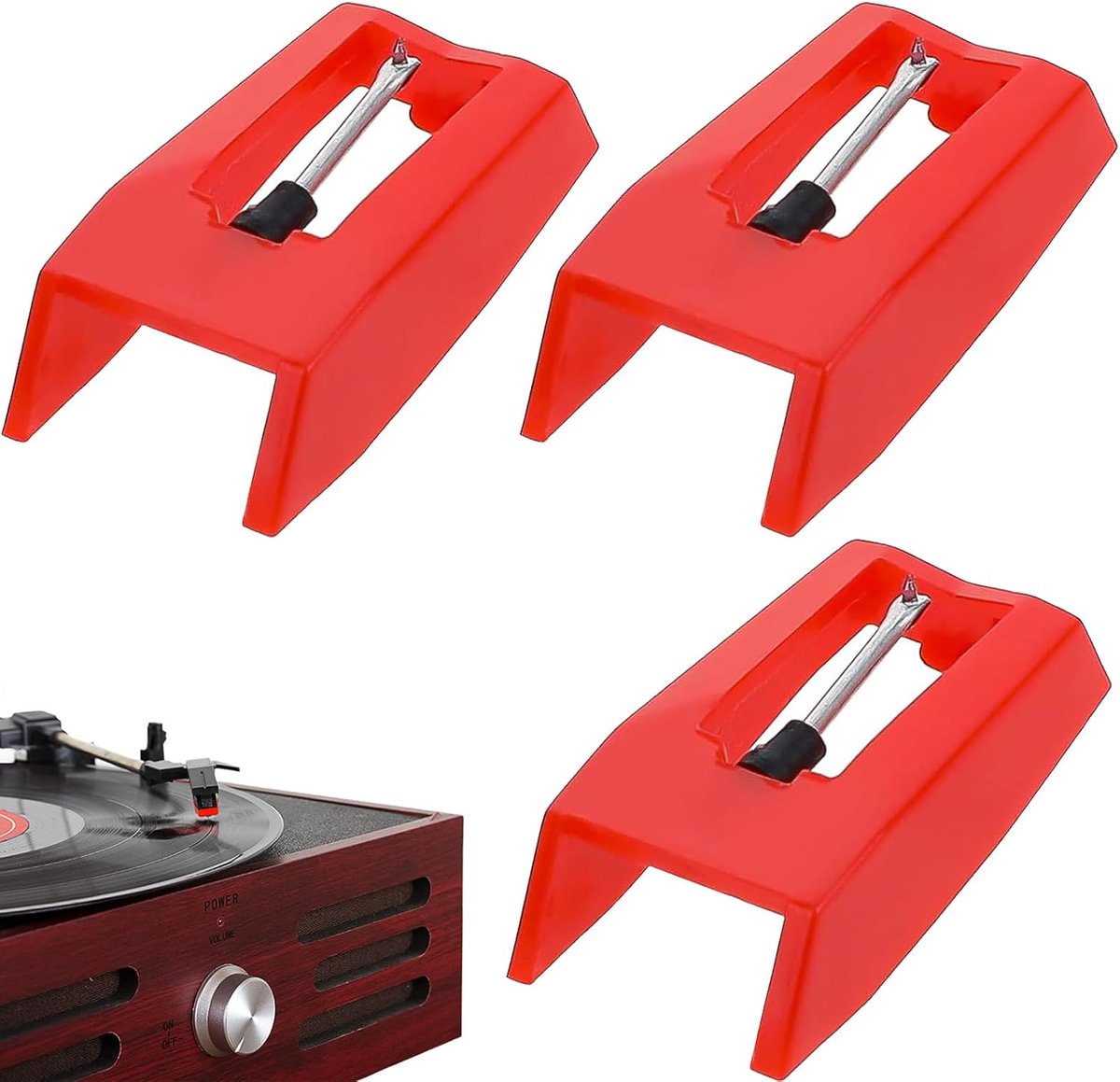SnelShoppen - Turntable Needle Set - 3 Stuks Vervangnaalden voor Vinyl Platenspeler - Hoge Kwaliteit Geluid, Precisie Diamond Pen, Rood
