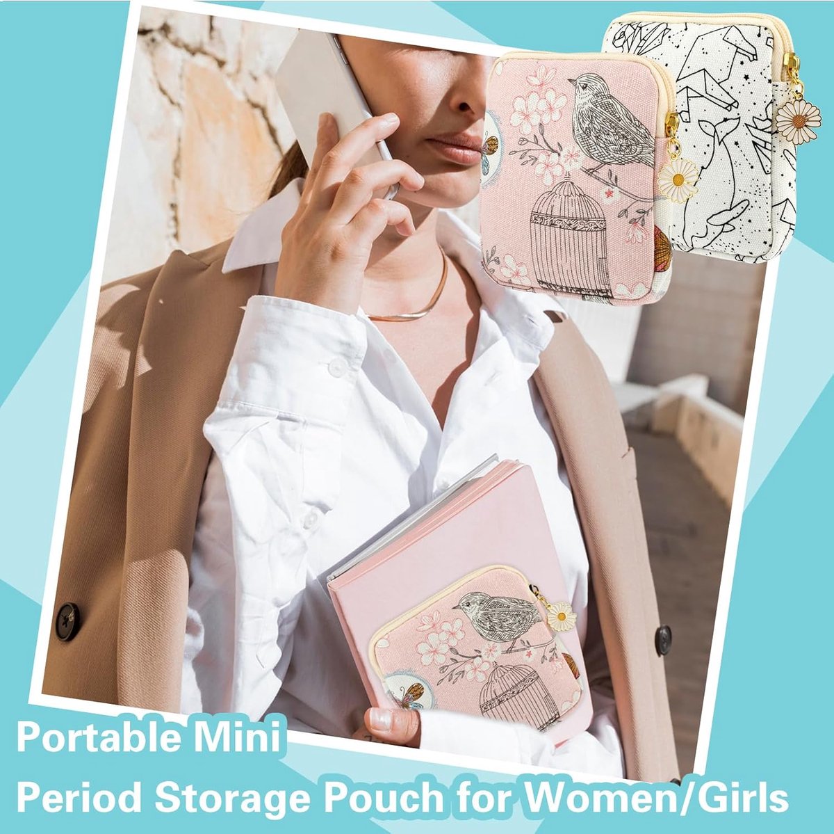 Maandverband Tasje - 2 Stuks - Madeliefje met rits - Tampon Doosje - Muntportemonnee - Toilettas - Opbergzakje - Mini Make up Tas -Luiertas - Voor vrouwen, tieners, meisjes, school - Wit – foto 3