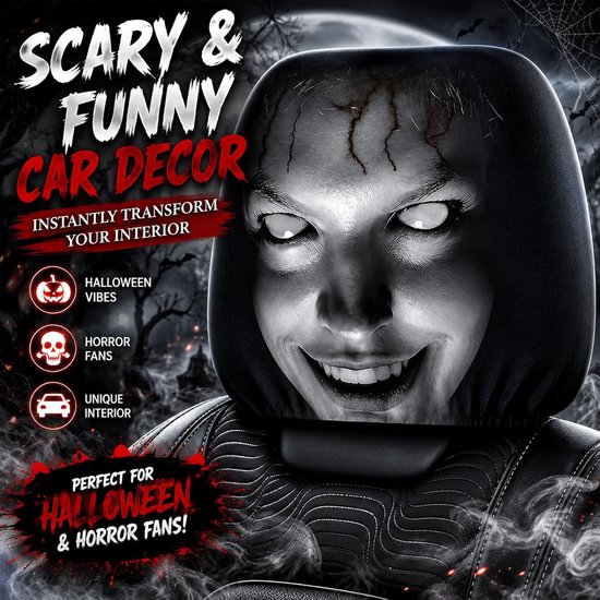 Universele Hoofdsteunhoes Auto - Set van 2 - Oofdsteunhoezen met 'Ghost Face'-opdruk - Elastische Hoes - Zacht en Passend - Wasbaar - Halloween Auto Decoratie - Zwart - SOLLBRY®