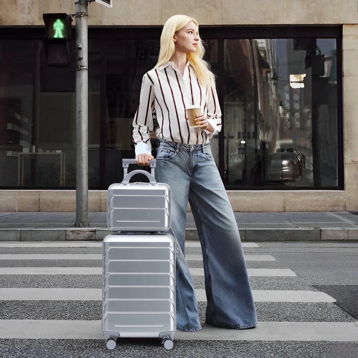 VVBV Kofferset 2 Delig 14/19 inch - ABS Hardcase, Handbagage Koffer, Beautycase, Spinner Wielen, Cijferslot, Zilver, Vakantie