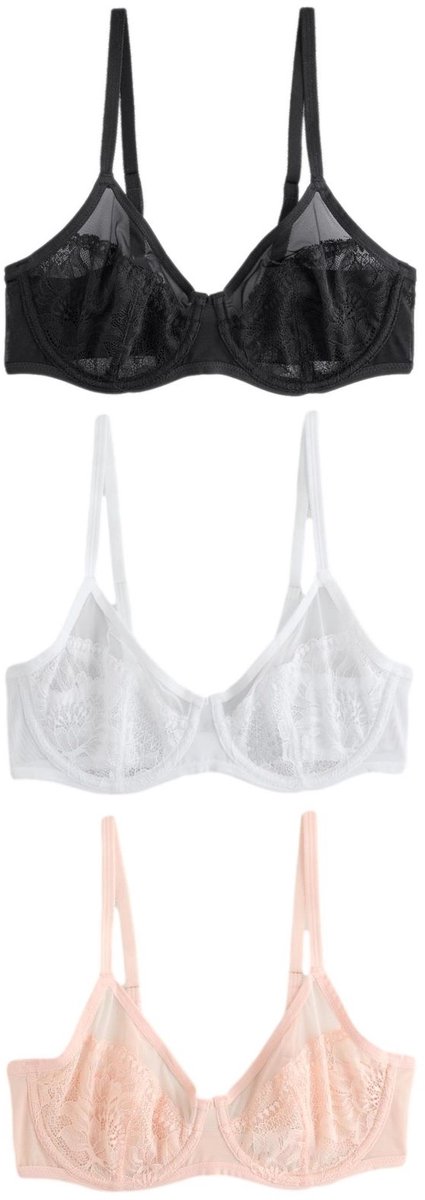 Next Dames - Set van 3 kanten beha's, zonder vulling, volledige cup - Zwart Black/Pink/White