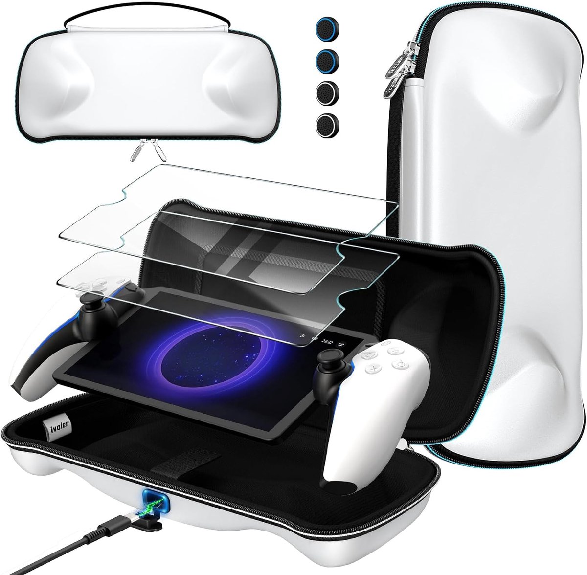 SnelShoppen - Draagtas voor PlayStation Portal Remote Player met Oplaadfunctie, Schokbestendige Harde Draagtas, Beschermhoes en Accessoire Set, Wit, 2