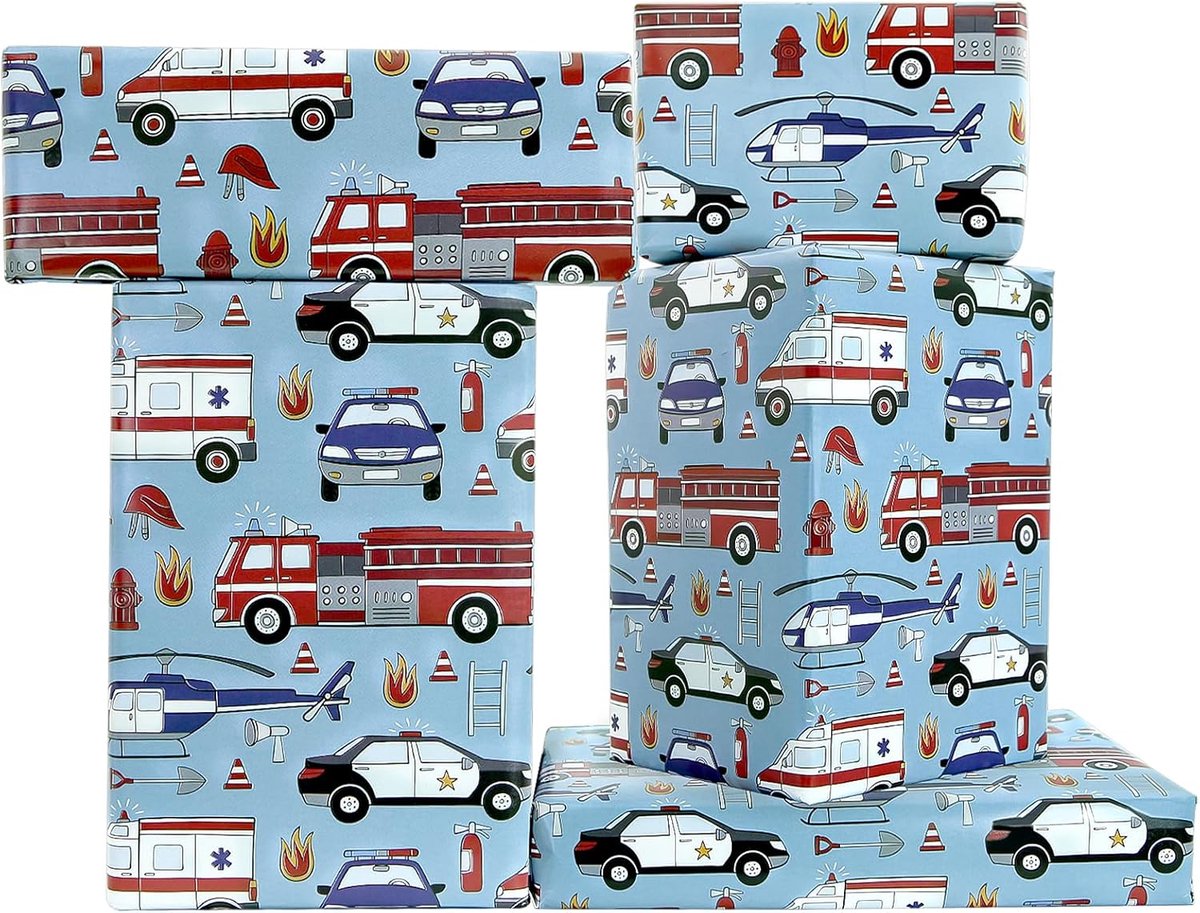 SnelShoppen - Verjaardag Cadeau Inpakpapier voor Jongens Kinderen Mannen, Transport Thema met Brandweerwagens, Politiewagens, Ambulances en Helicopter