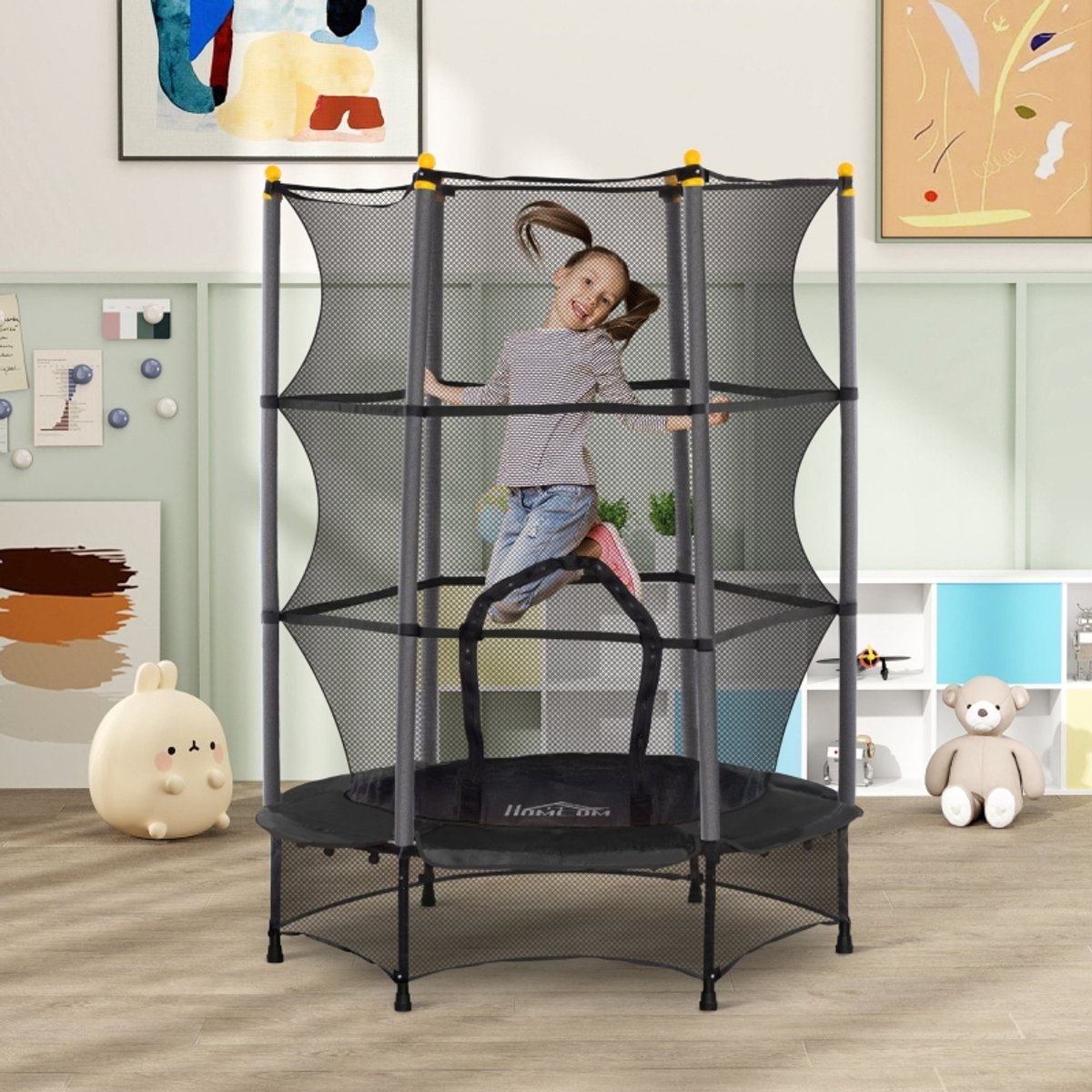 Kindertrampoline 140 cm – Veiligheidsnet Met Ritsopening – Zonder Metalen Veren Voor Veiliger Springen – Voor Binnen en Buiten – Staal en Kunststof – Zwart